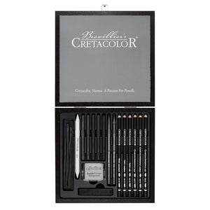 CretacolorWoodenBlackBoxCharcoalandDrawingSetof20