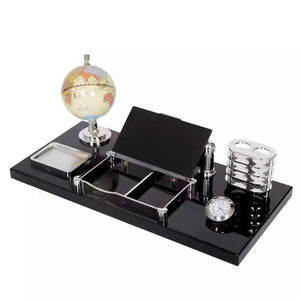 Elegant Black & Silver Executive Desk Organizer Set with Globe, Pen Holders, Card & Note Tray