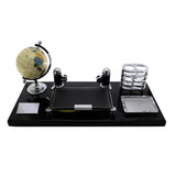 Elegant Black & Silver Executive Desk Organizer Set with Globe, Pen Holders, Card & Note Tray