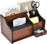 Liry Products Cherry Brown Wood Desk Organizer Tissue Box Lid Multiple Slots Drawer Tabletop Storage Cabinet Solid Wood Phone Tablet Remote Control Holder Office Supplies Caddy Accessory Sorter Home