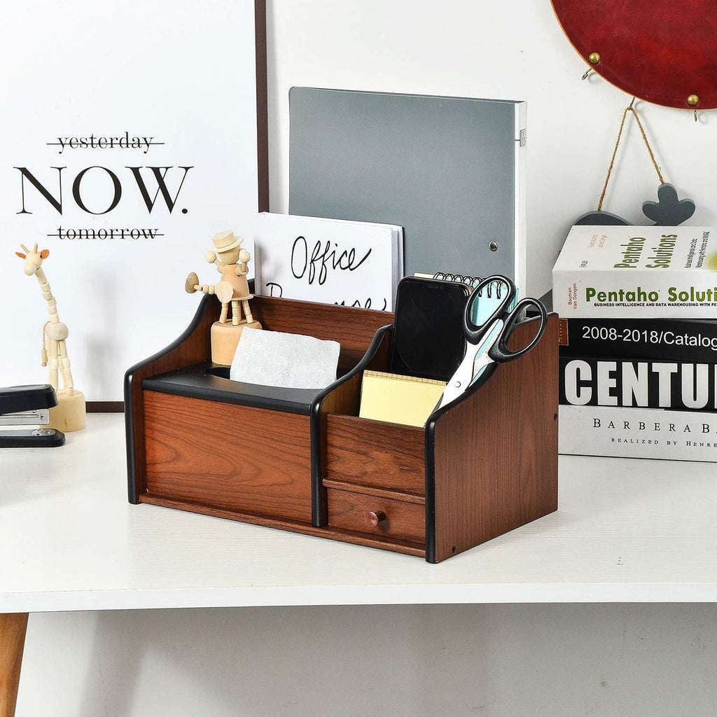 Liry Products Cherry Brown Wood Desk Organizer Tissue Box Lid Multiple Slots Drawer Tabletop Storage Cabinet Solid Wood Phone Tablet Remote Control Holder Office Supplies Caddy Accessory Sorter Home