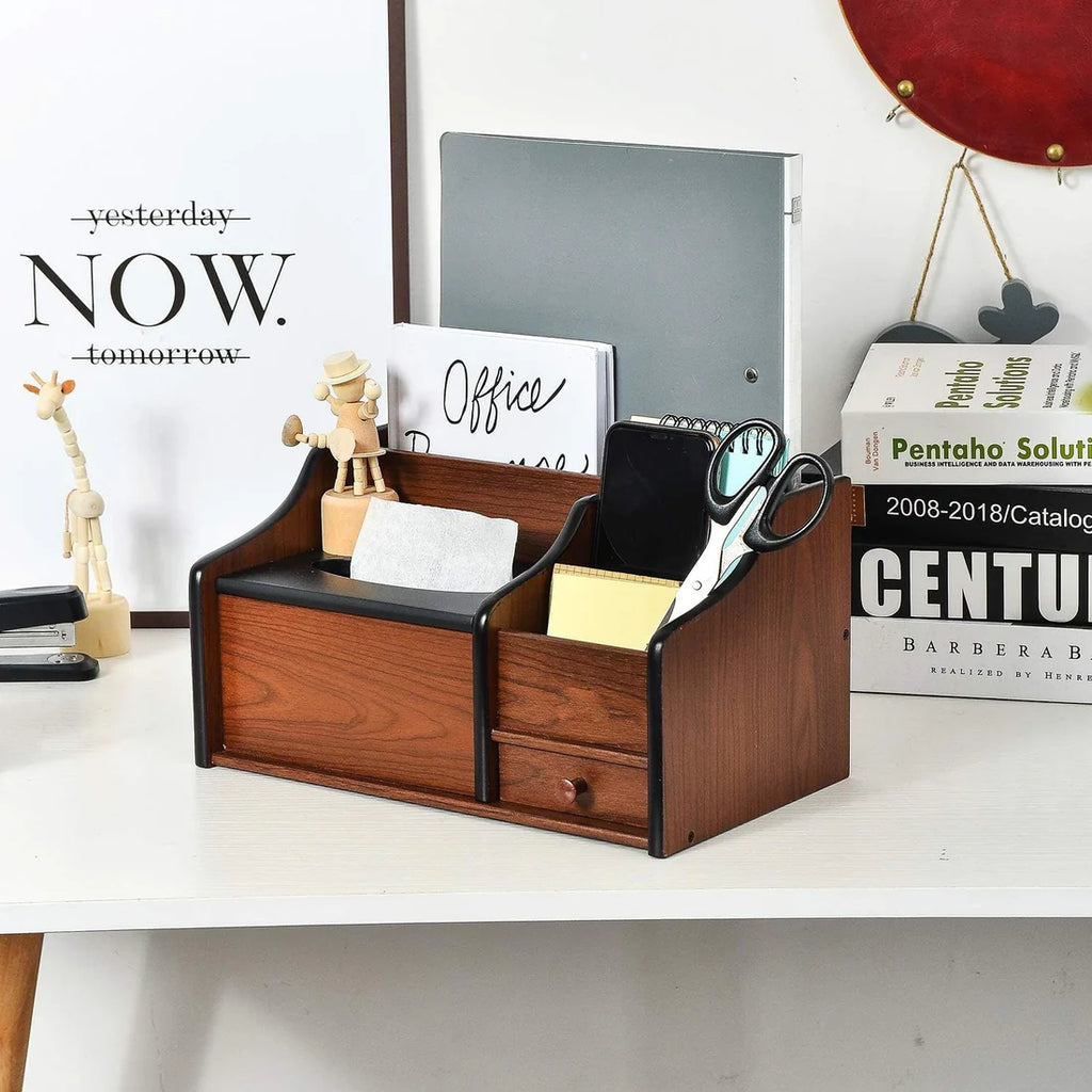 Liry Products Cherry Brown Wood Desk Organizer Tissue Box Lid Multiple Slots Drawer Tabletop Storage Cabinet Solid Wood Phone Tablet Remote Control Holder Office Supplies Caddy Accessory Sorter Home