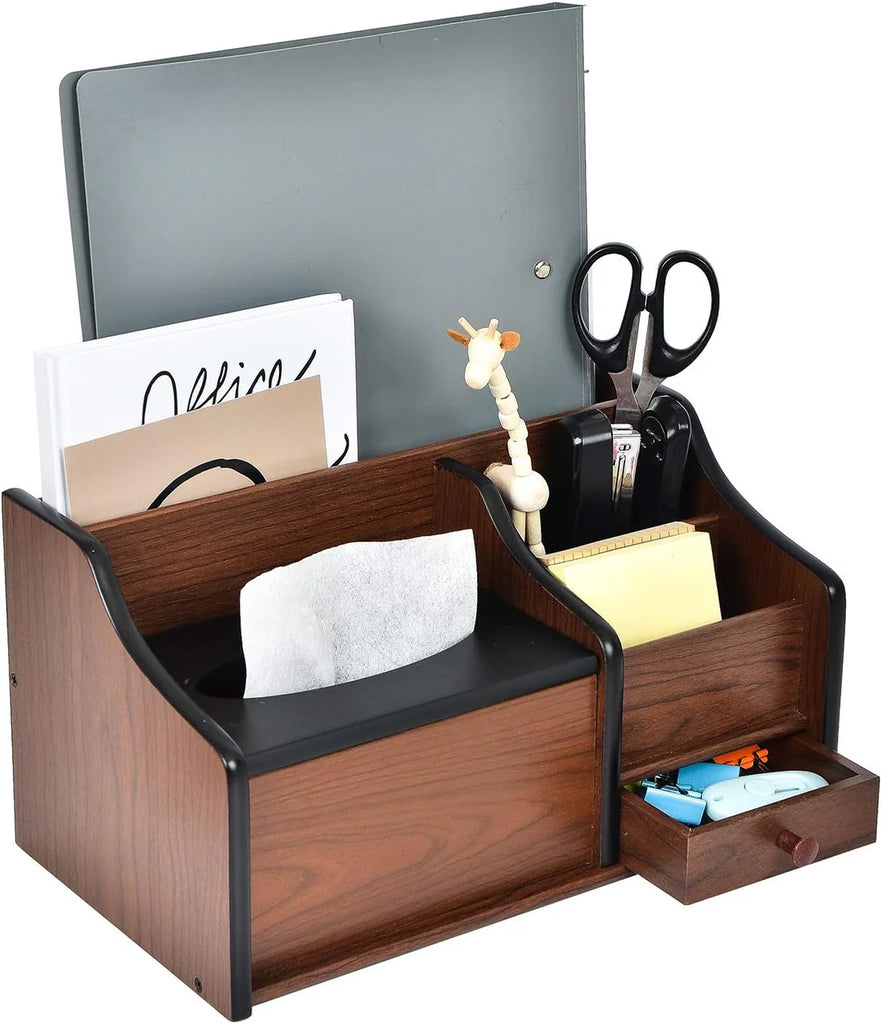 Liry Products Cherry Brown Wood Desk Organizer Tissue Box Lid Multiple Slots Drawer Tabletop Storage Cabinet Solid Wood Phone Tablet Remote Control Holder Office Supplies Caddy Accessory Sorter Home