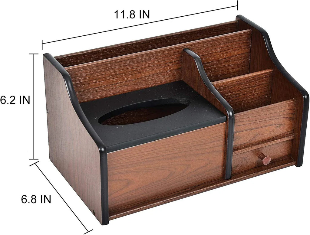 Liry Products Cherry Brown Wood Desk Organizer Tissue Box Lid Multiple Slots Drawer Tabletop Storage Cabinet Solid Wood Phone Tablet Remote Control Holder Office Supplies Caddy Accessory Sorter Home