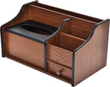 Liry Products Cherry Brown Wood Desk Organizer Tissue Box Lid Multiple Slots Drawer Tabletop Storage Cabinet Solid Wood Phone Tablet Remote Control Holder Office Supplies Caddy Accessory Sorter Home