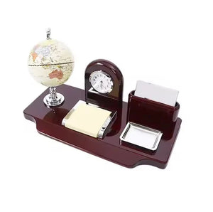 Wooden Desktop Organizer with Globe – Elegant Office Stationery Set, Pen Holder, Card Slot & Mini Globe for Stylish Desk Décor and Organization – Ideal Gift for Professionals & Executives